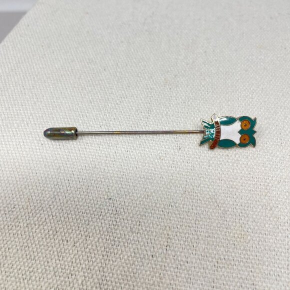 Cloisonne Enamel Owl Stick Pin Novelty Bird Vintage Gold-Tone Green - Picture 5 of 13